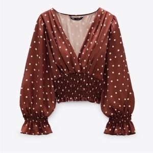 Zara brown silk polka dot long sleeve top
